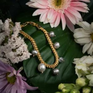 Egg & Potato Pearl w/ Black Moonstone Bead Bracelet